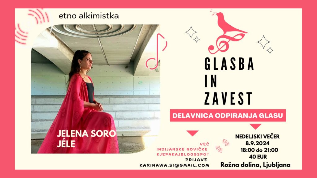 Jelena Soro vodi delavnico odpiranju glasu v Rožni Dolini, Ljubljana, 8. september 2024. Udeleženci se učijo razširiti svojo zavest skozi vokalne vaje in meditacijo.