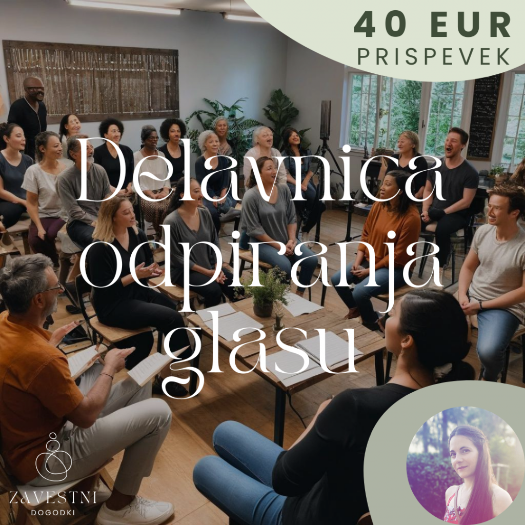 Jelena Soro vodi delavnico odpiranju glasu v Rožni Dolini, Ljubljana, 8. september 2024. Udeleženci se učijo razširiti svojo zavest skozi vokalne vaje in meditacijo.